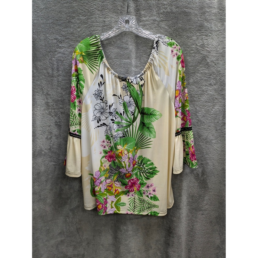 Unique Spectrum Floral Print Tassel Tie Neck Bell Sleeve Top Women 1X - Picture 6 of 8